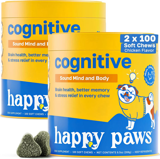 Happy Paws Cognitive Taurine Supplement for Dogs – Brain Health Soft Chews with Spirulina, CoQ10 & B Vitamins