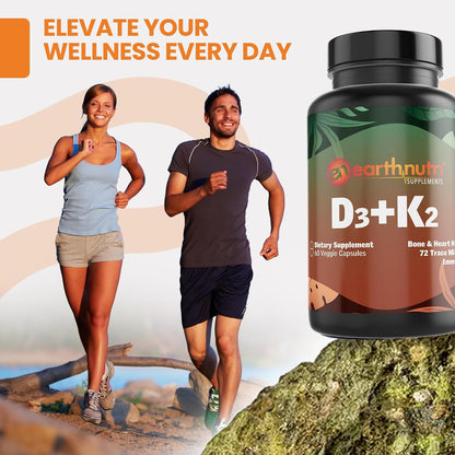 EarthNutri Vitamin D3 Plus K2 Supplement - 5000 IU with MenaQ7 K2, Vitashine D3 & Aquamin Calcium - Non-GMO