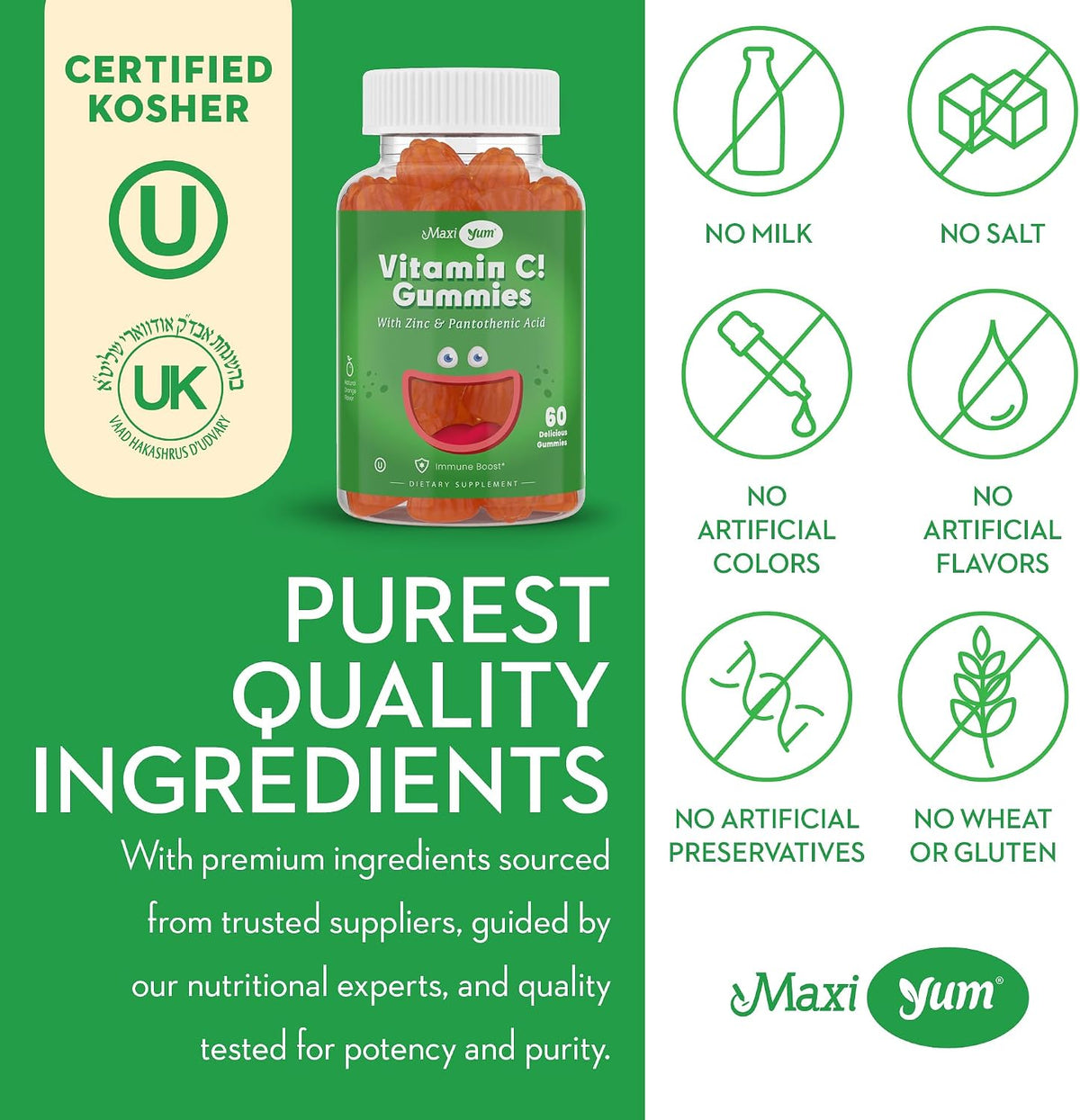Maxi Health Vitamin C Gummies with Zinc – Immune Support + Respiratory Support – No Artificial Flavours or Preservatives – Kosher – 60 Gummies - görsel 6