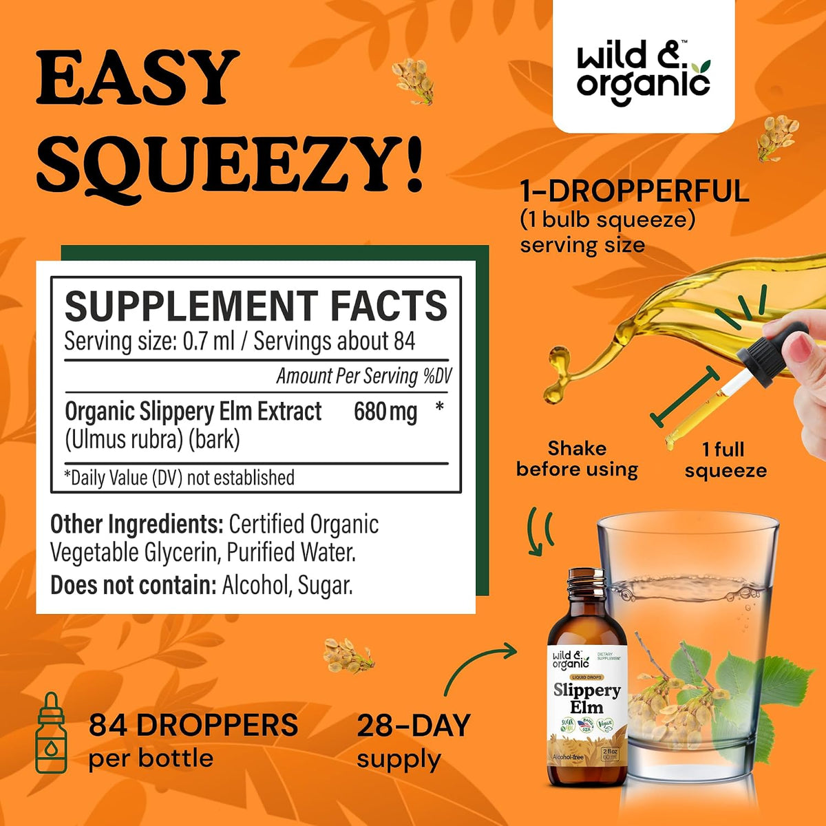 Wild & Organic Slippery Elm Drops – Vegan, Alcohol-Free Liquid Extract, 60 ml - görsel 3