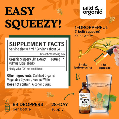 Wild & Organic Slippery Elm Drops – Vegan, Alcohol-Free Liquid Extract, 60 ml
