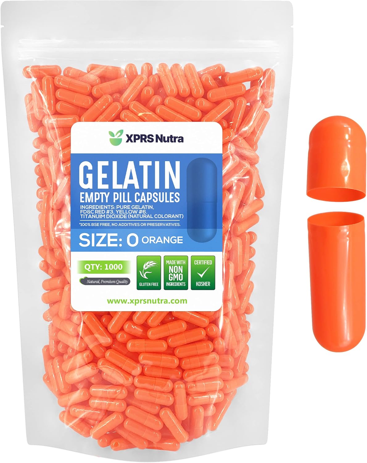 XPRS Nutra Size 0 Empty Gelatine Capsules - 1000 Count - DIY Capsule Filling - Orange - görsel 1