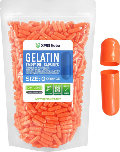 XPRS Nutra Size 0 Empty Gelatine Capsules - 1000 Count - DIY Capsule Filling - Orange