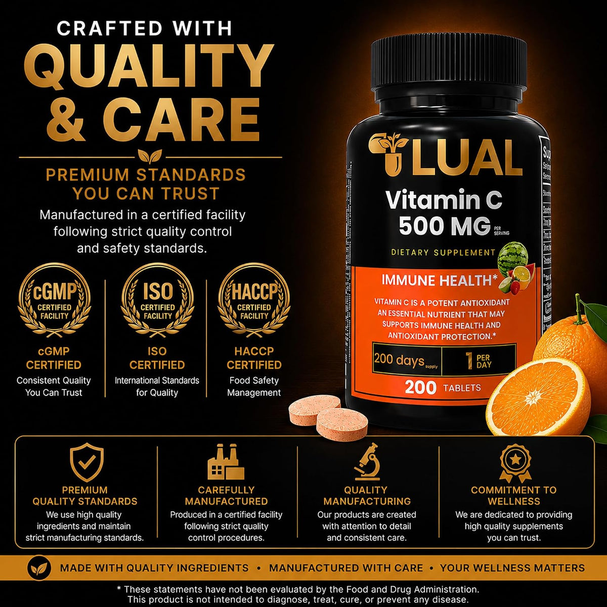 LUAL Vitamin C 500mg Chewable Tablets, Tropical Fruit Flavour, Immune Support & Antioxidant Supplement, Gluten-free, 200 Count - görsel 7