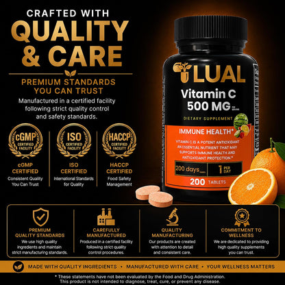 LUAL Vitamin C 500mg Chewable Tablets, Tropical Fruit Flavour, Immune Support & Antioxidant Supplement, Gluten-free, 200 Count