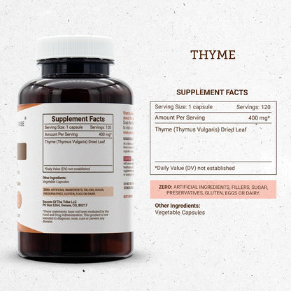 Secrets of the Tribe Thyme 120 Capsules – Herbal Supplement with Thymus Vulgaris