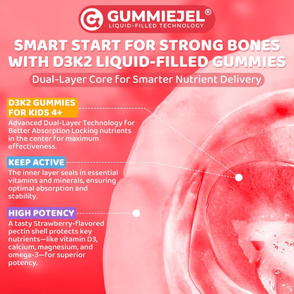 LILICARE Vitamin D3 K2 + Calcium Liquid-filled Gummies for Kids & Teens – Sugar-Free, 2-Pack