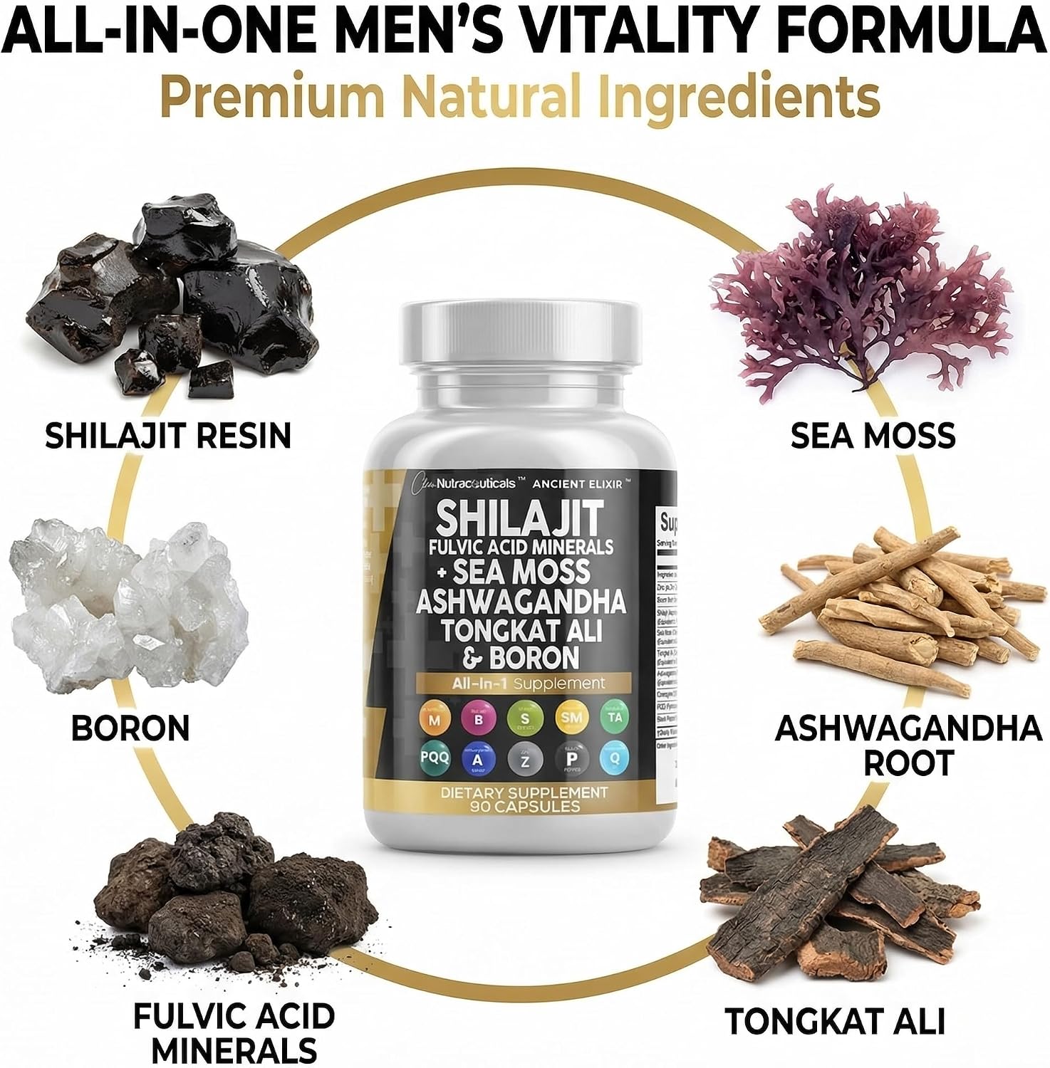 Clean Nutraceuticals Shilajit Supplement for Men with Sea Moss, Tongkat Ali, Ashwagandha, Boron, Zinc, CoQ10, PQQ - Fulvic Acid Capsules - Energy Support - 90 Count - görsel 3