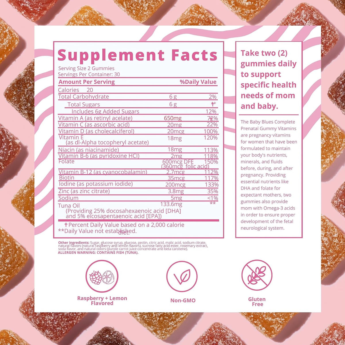 Baby Blues Prenatal Gummies for Women, Prenatal Multivitamin with DHA and Folic Acid, Iron Free, Gentle on Stomach, No Fishy Aftertaste, Raspberry Lemonade, 60 Count - görsel 5