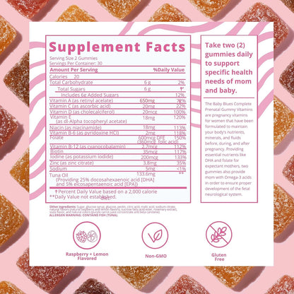 Baby Blues Prenatal Gummies for Women, Prenatal Multivitamin with DHA and Folic Acid, Iron Free, Gentle on Stomach, No Fishy Aftertaste, Raspberry Lemonade, 60 Count