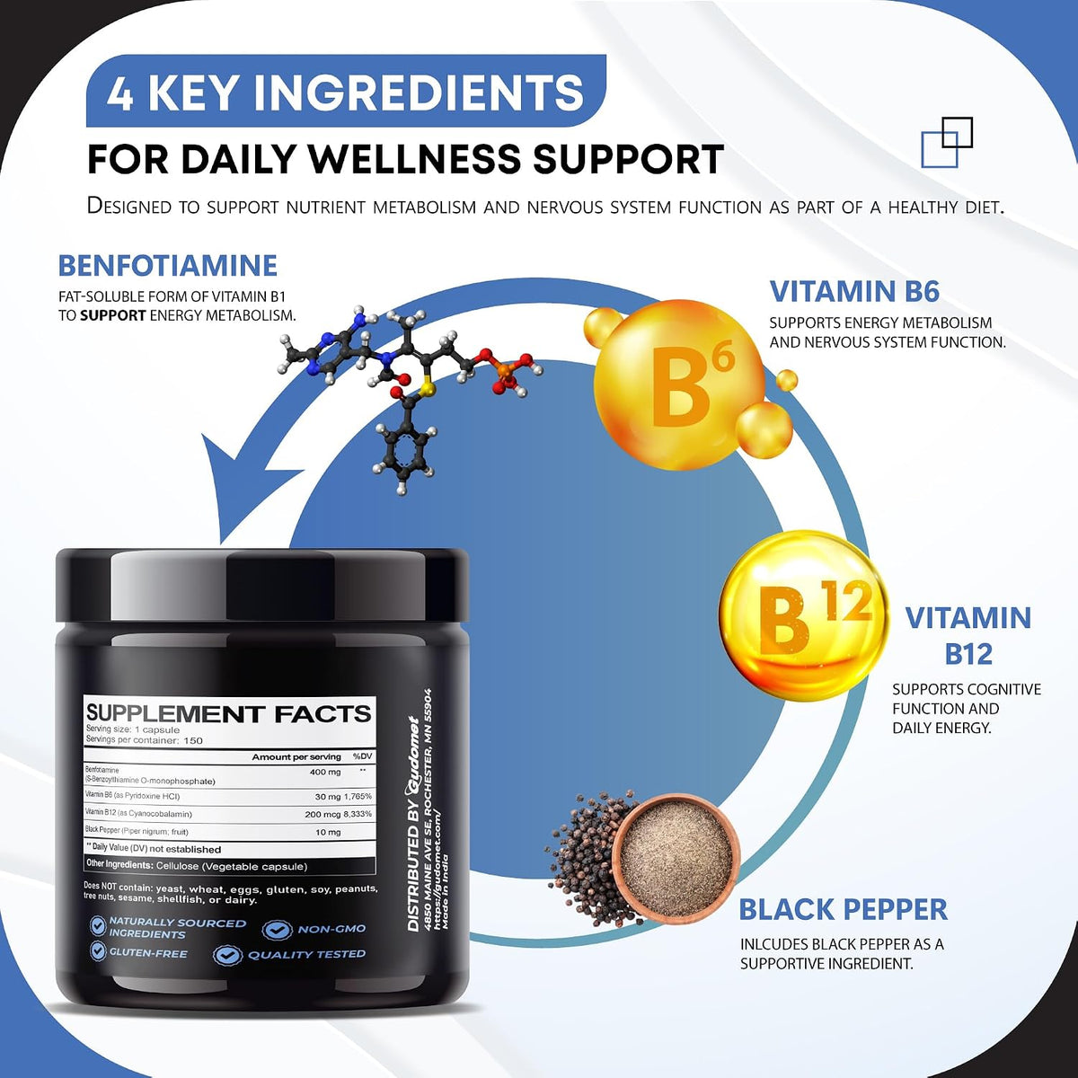 Benfotiamine with Vitamins B6, B12 & Black Pepper – 150 Capsules - görsel 4