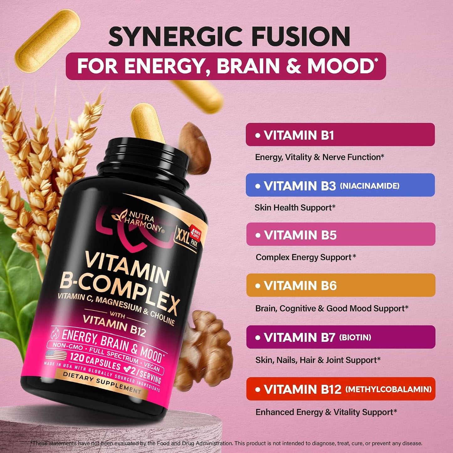 NUTRAHARMONY Vitamin B Complex – Full-Spectrum B Vitamins with Bioactive Folate & B12 – 120 Vegan Capsules - görsel 4