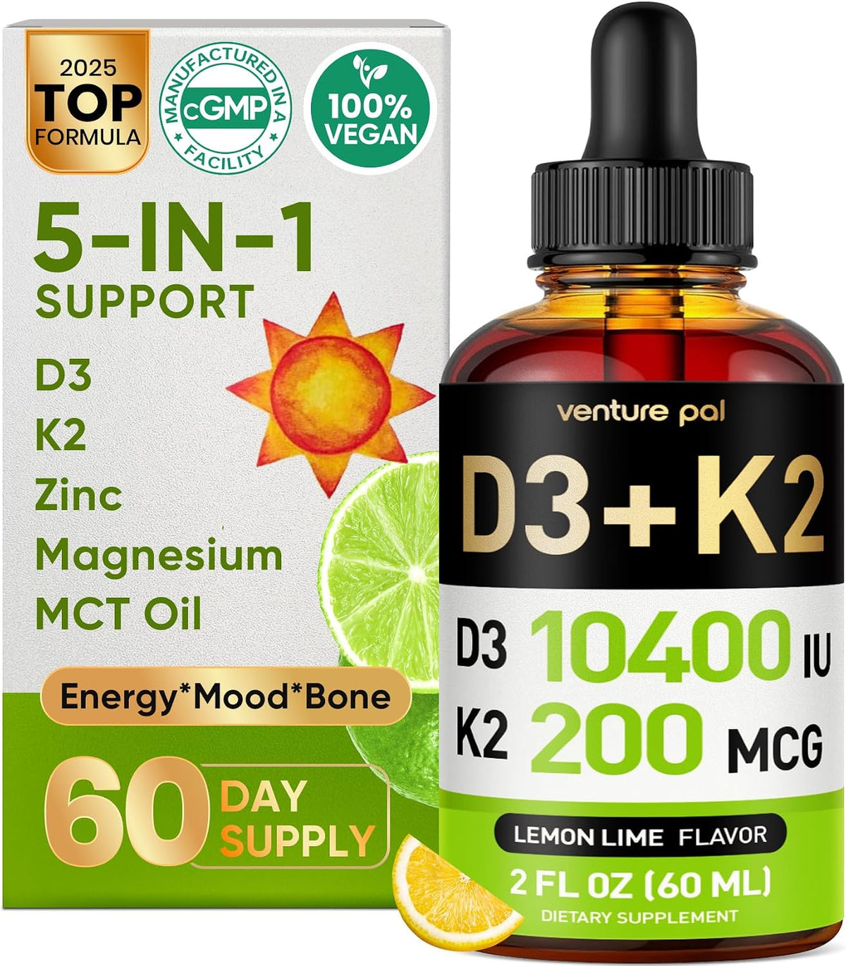 5-in-1 Vitamin D3 K2 Drops with Magnesium and Zinc – 10000 IU D3 & 200mcg K2 MK-7, Liquid Supplement, 60 ml (2 fl oz) – 60-Day Supply - görsel 1