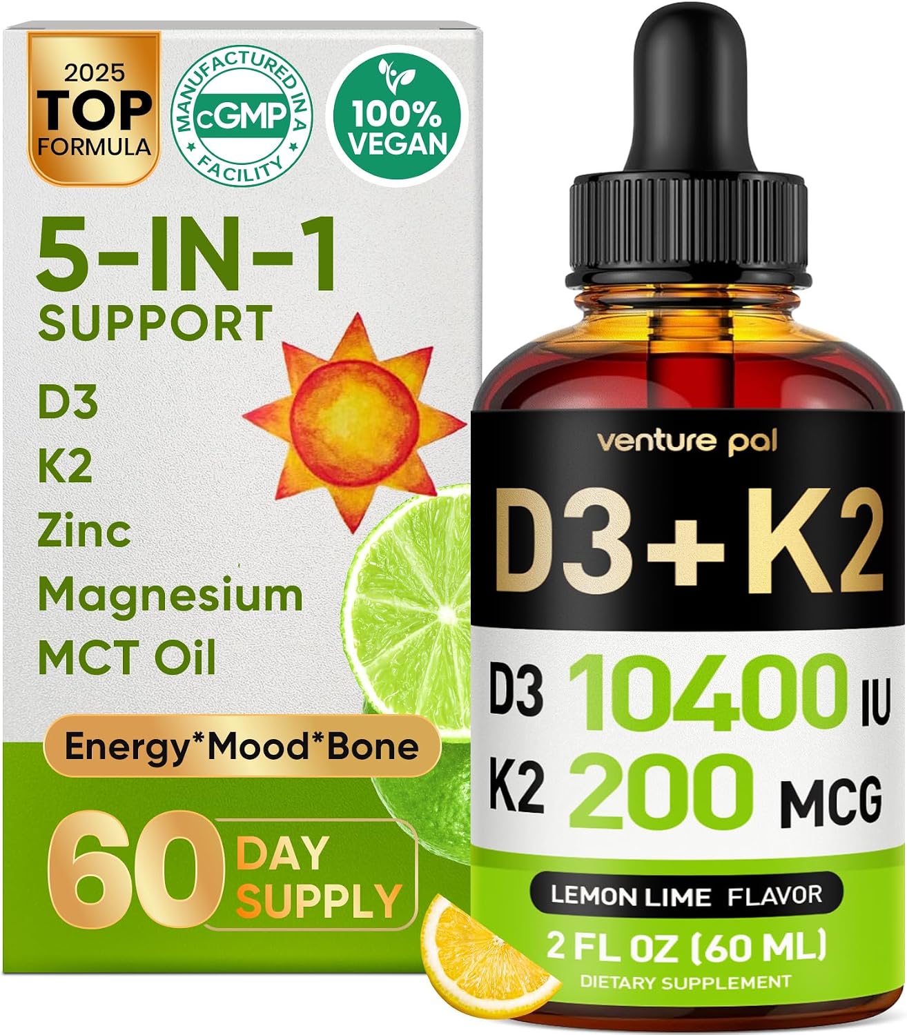 5-in-1 Vitamin D3 K2 Drops with Magnesium and Zinc – 10000 IU D3 & 200mcg K2 MK-7, Liquid Supplement, 60 ml (2 fl oz) – 60-Day Supply - görsel 1