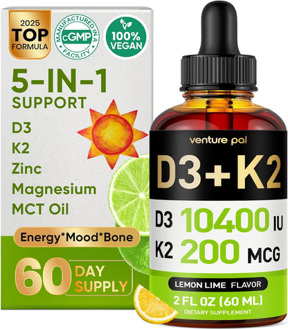5-in-1 Vitamin D3 K2 Drops with Magnesium and Zinc – 10000 IU D3 & 200mcg K2 MK-7, Liquid Supplement, 60 ml (2 fl oz) – 60-Day Supply