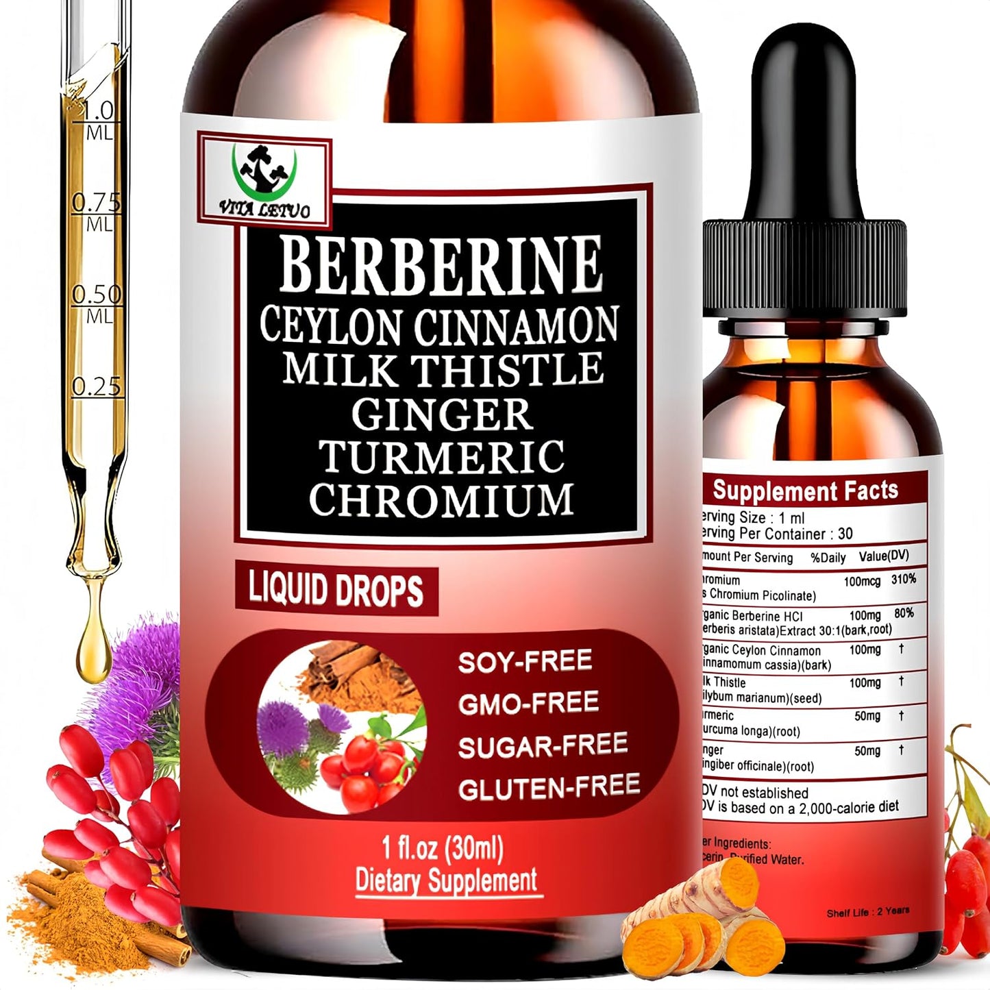 Vita Letuo Berberine Drops, High Absorption 6-in-1 Liquid Berberine Supplement with Ceylon Cinnamon, Milk Thistle, Turmeric and Ginger, 30 Servings - görsel 1