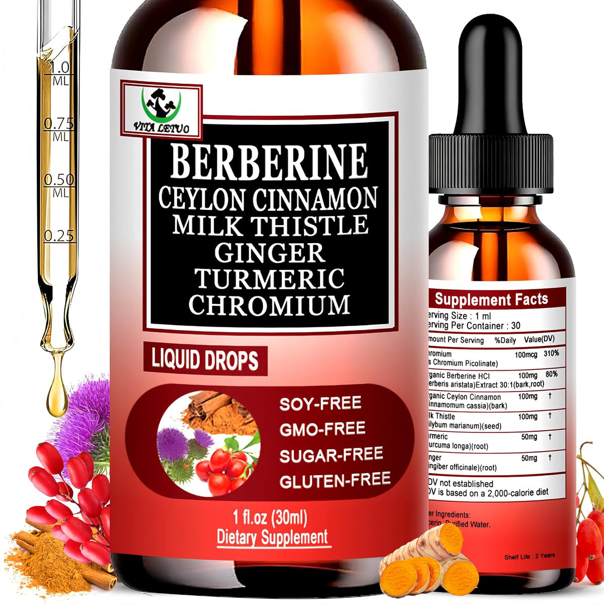 Vita Letuo Berberine Drops, High Absorption 6-in-1 Liquid Berberine Supplement with Ceylon Cinnamon, Milk Thistle, Turmeric and Ginger, 30 Servings - görsel 1