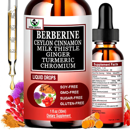 Vita Letuo Berberine Drops, High Absorption 6-in-1 Liquid Berberine Supplement with Ceylon Cinnamon, Milk Thistle, Turmeric and Ginger, 30 Servings