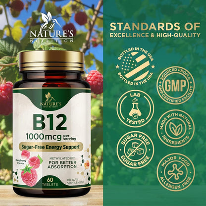 Vitamin B12 1000 mcg Methylcobalamin Chewable Tablets – Energy, Nervous System & Brain Support – Vegan, Non-GMO, Gluten-free – 60 Count