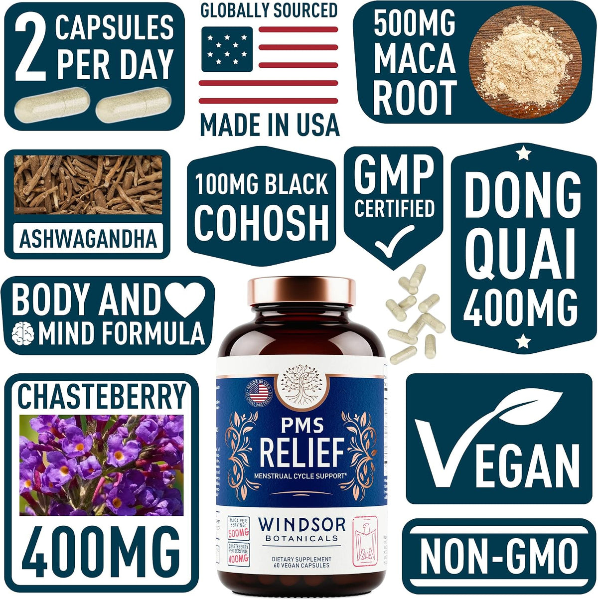Windsor Botanicals PMS Support Supplement - Chasteberry, Maca Root, Ashwagandha - Period Relief & Mood Support - 60 Vegan Capsules - görsel 2