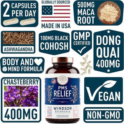 Windsor Botanicals PMS Support Supplement - Chasteberry, Maca Root, Ashwagandha - Period Relief & Mood Support - 60 Vegan Capsules