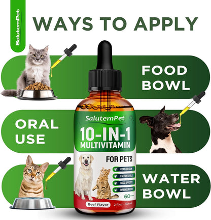 SalutemPet Liquid Multivitamin for Cats and Dogs - 10-in-1 Supplement with Vitamins C, D3, B Complex, Glucosamine, Cranberry - Beef Flavour - 60 ml