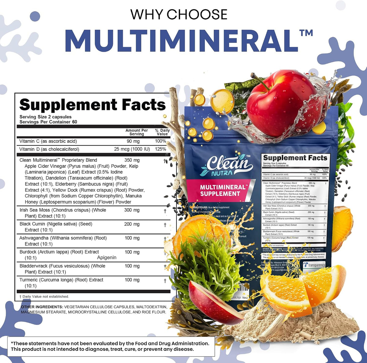 Clean Nutraceuticals MultiMineral Blend - Sea Moss, Black Seed Oil, Ashwagandha, Turmeric, Bladderwrack, Burdock, Vitamins C & D3 - 120 Capsules - görsel 5