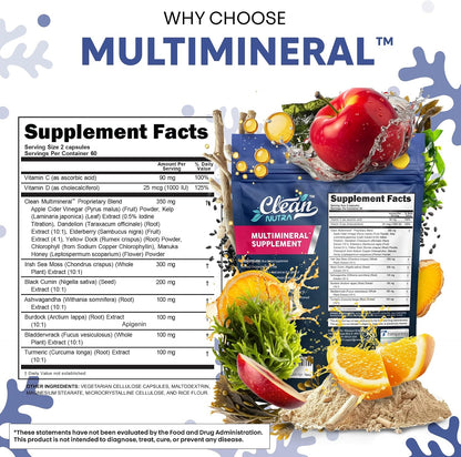 Clean Nutraceuticals MultiMineral Blend - Sea Moss, Black Seed Oil, Ashwagandha, Turmeric, Bladderwrack, Burdock, Vitamins C & D3 - 120 Capsules
