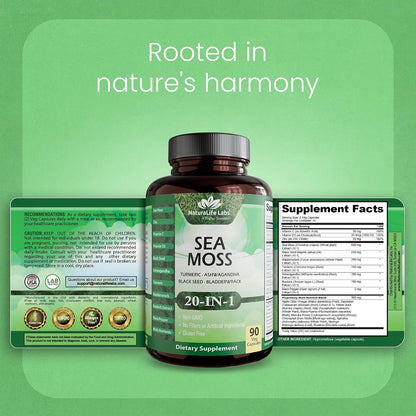 Sea Moss, Black Seed Oil, Bladderwrack, Turmeric, Ashwagandha, Burdock, Vitamin C, D3, Zinc - 90 Veggie Capsules