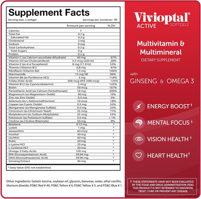 Vivioptal Active Multivitamin with Ginseng & Omega-3, 90 Softgels (1 Year's Supply), Gluten-free, German Formula