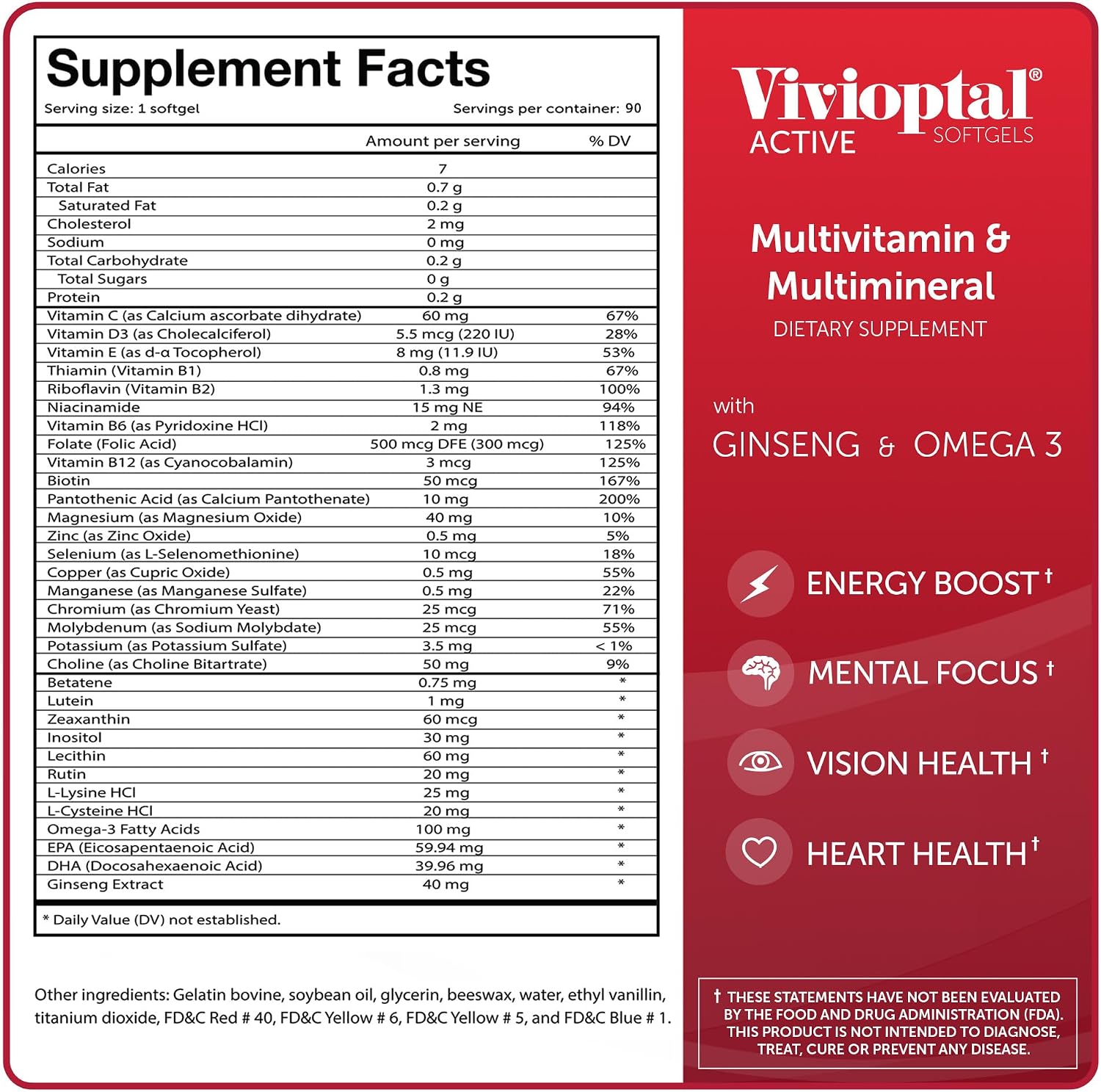 Vivioptal Active, 90 Softgels, Ginseng & Omega 3, Multivitamin & Multimineral, Gluten-free, German Formula - görsel 6