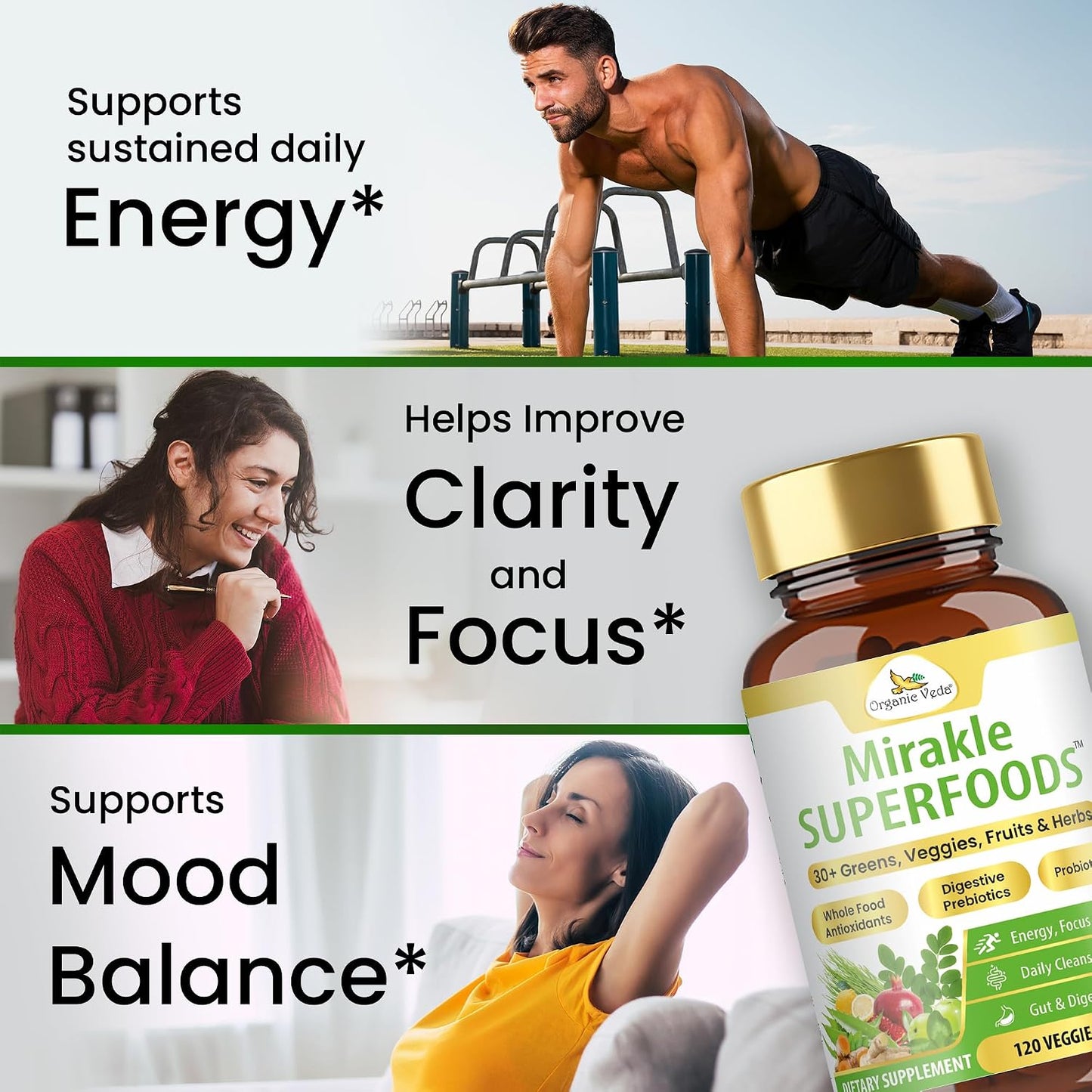 Organic Veda Mirakle Superfoods - Mixed Greens, Vegetables, Super Fruits & Antioxidants Food Supplement with Probiotics, 120 Capsules - görsel 6