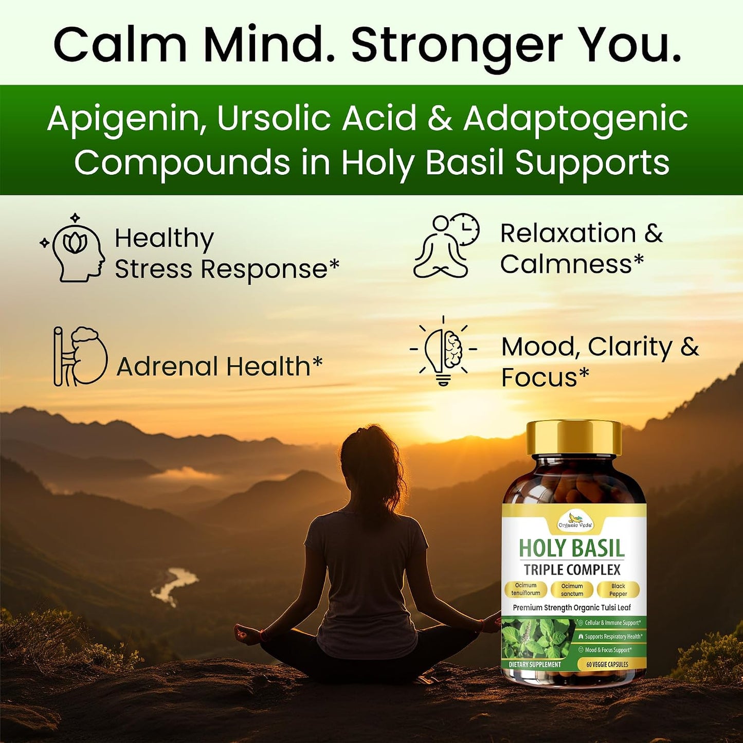 Organic Veda Holy Basil Capsules - Triple Complex Tulsi Leaf Supplement with Black Pepper Extract - Supports Respiratory & Immune Health, Helps Maintain a Balanced Stress Response & Mood - 60 Vegan Capsules - görsel 4