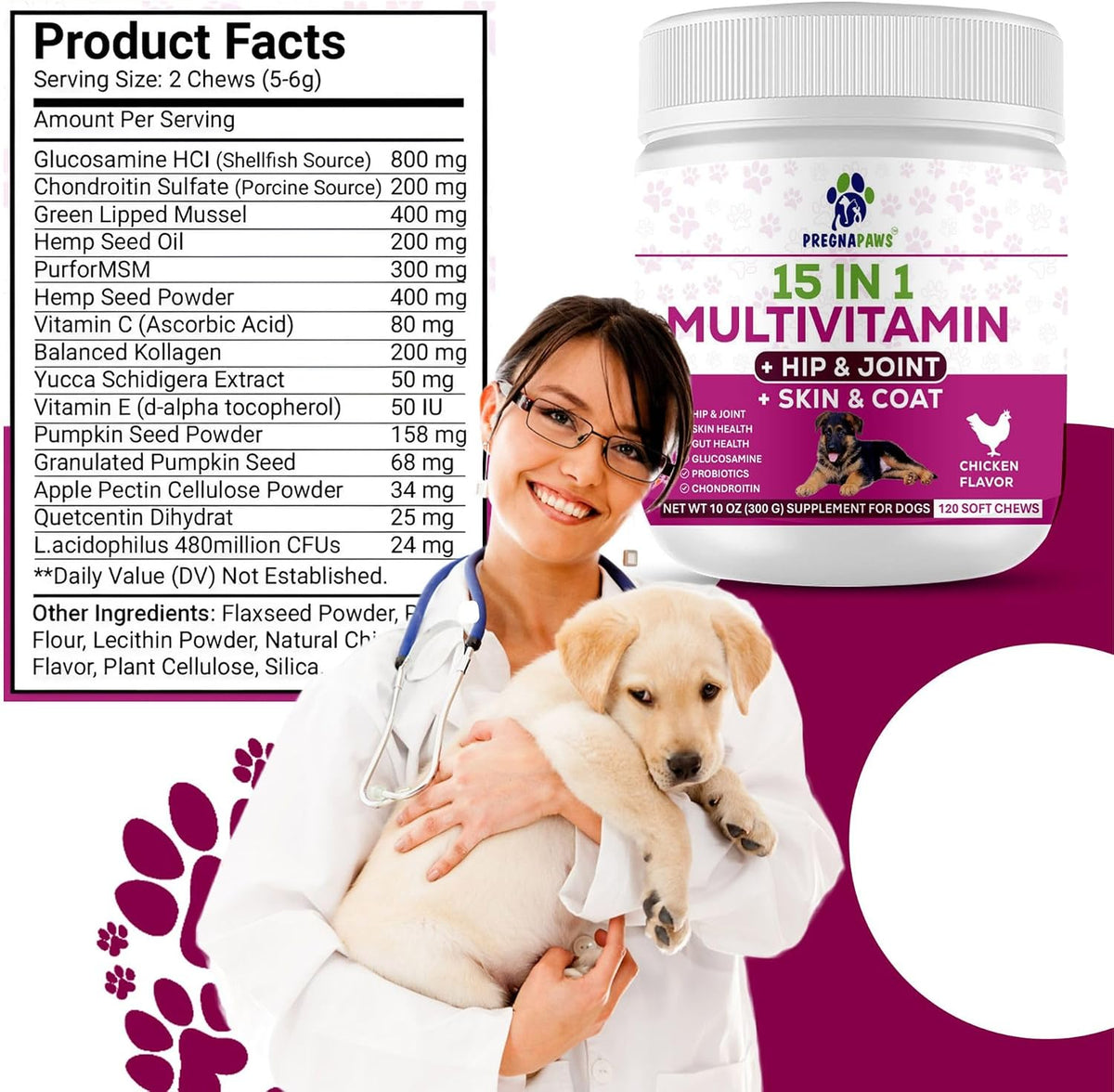 15-in-1 Postnatal Vitamins for Dogs - Recovery, Joint, Skin & Coat Support - Probiotics & Multivitamins - 120 Chewable Chicken Flavour Tablets - görsel 5