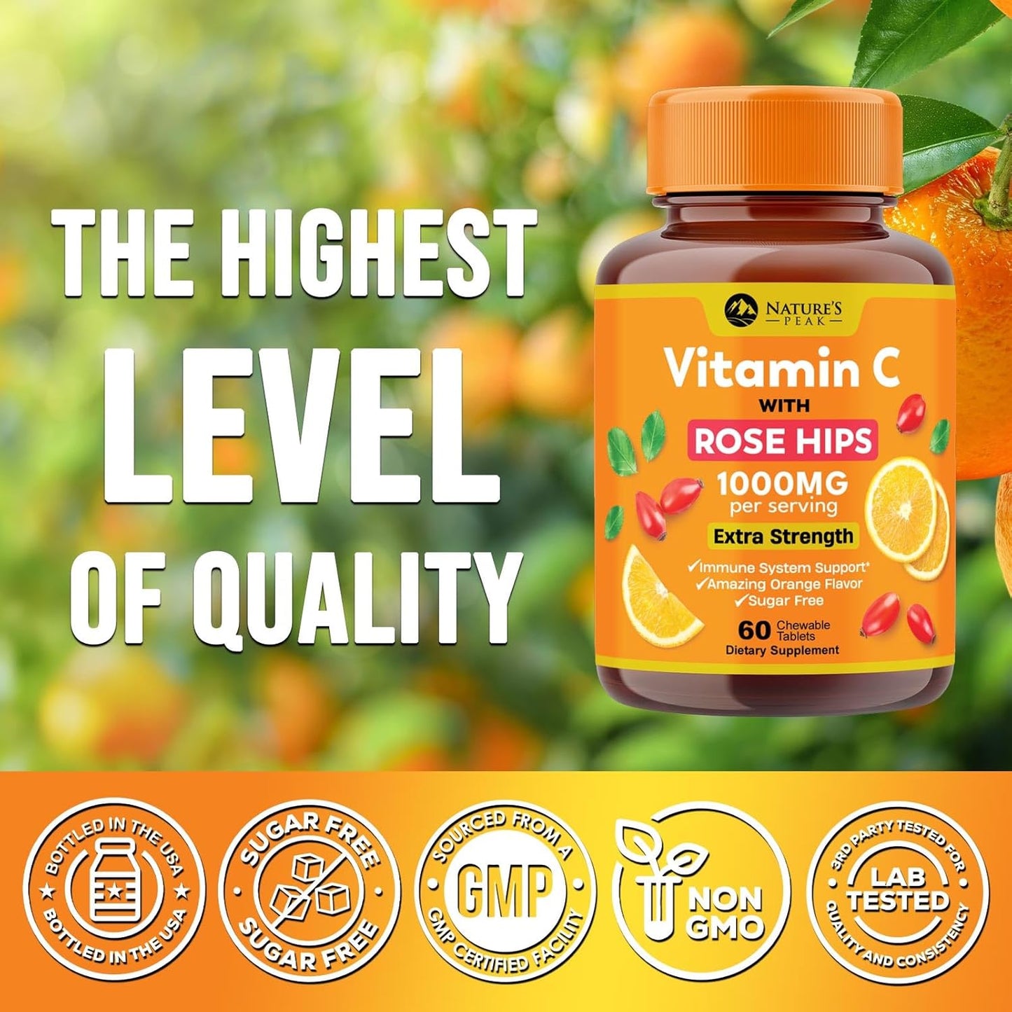 Vitamin C 1000mg per Serving – Extra Strength Chewable with Rose Hips – Sugar Free Orange Flavour – 60 Tablets - görsel 4