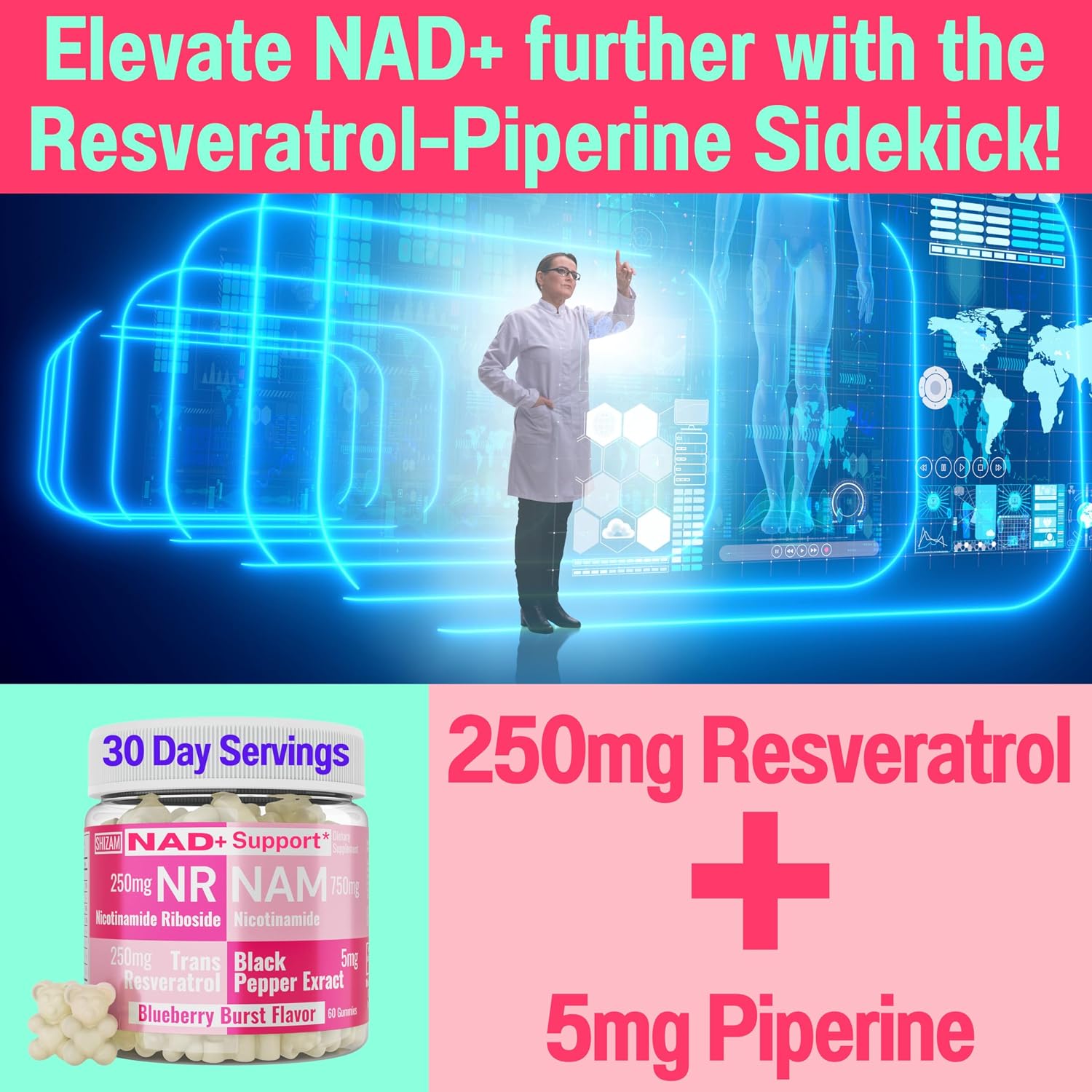 SHIZAM Nicotinamide Riboside NR NAM Resveratrol Gummies - 1000mg NAD+ Boosting Formula (60 Count) - görsel 4