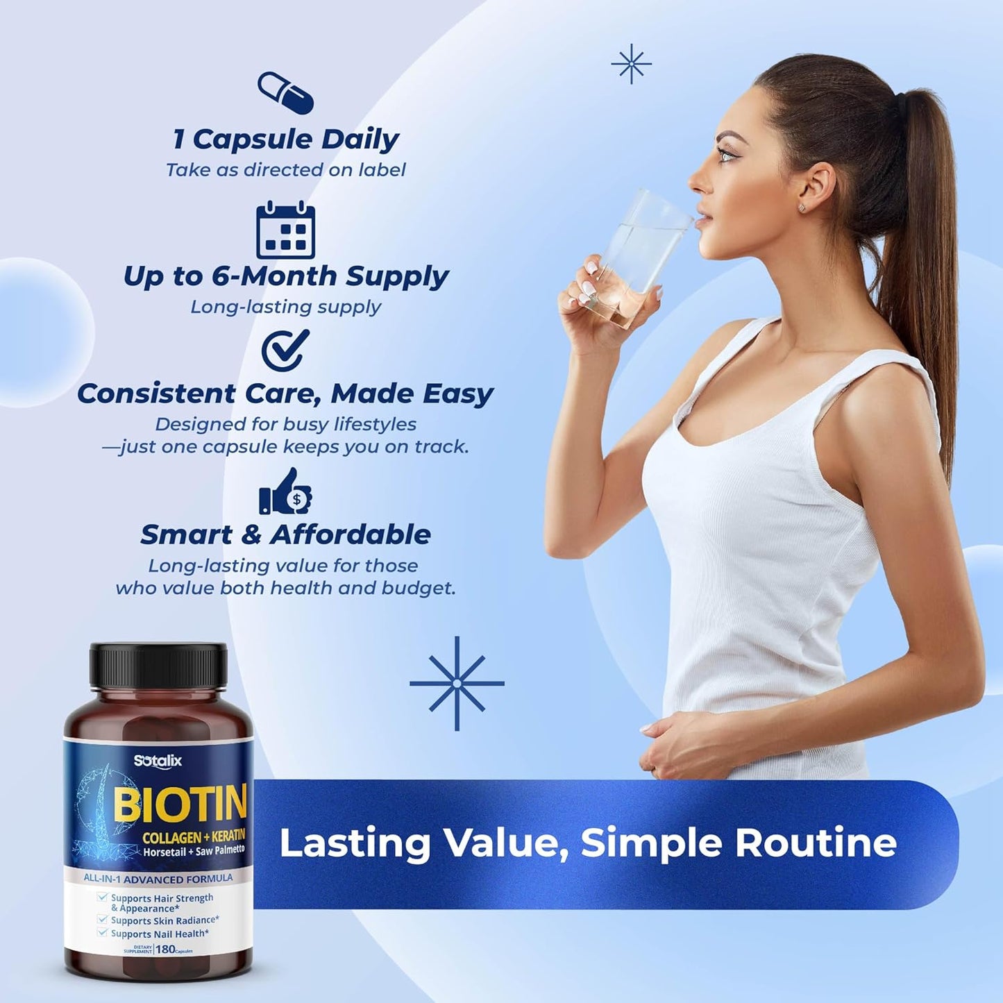 SOTALIX Biotin with Collagen + Keratin, Horsetail & Saw Palmetto - Hair, Skin & Nails Support (180-Day Supply) - görsel 6