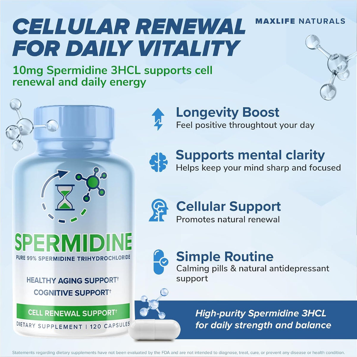 Pure Spermidine Supplement with Trihydrochloride 3HCL 10 mg - 120 Capsules - görsel 2