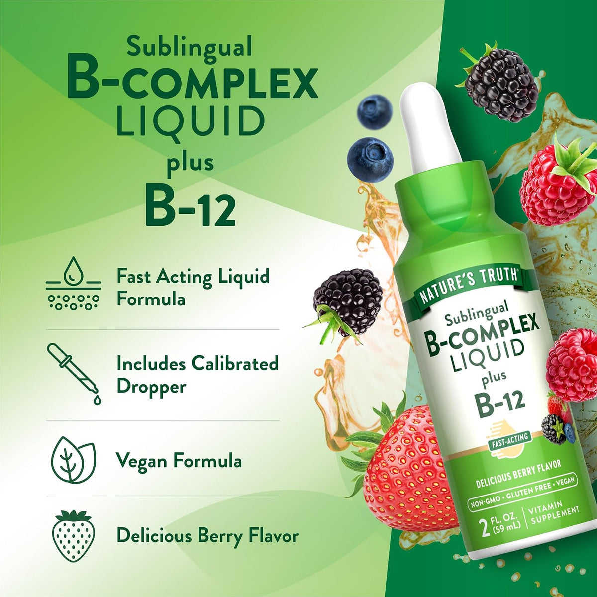 Nature's Truth Sublingual B Complex | with B12 | 59 ml | Berry Flavour | Vegan, Non-GMO & Gluten-free Food Supplement - görsel 5