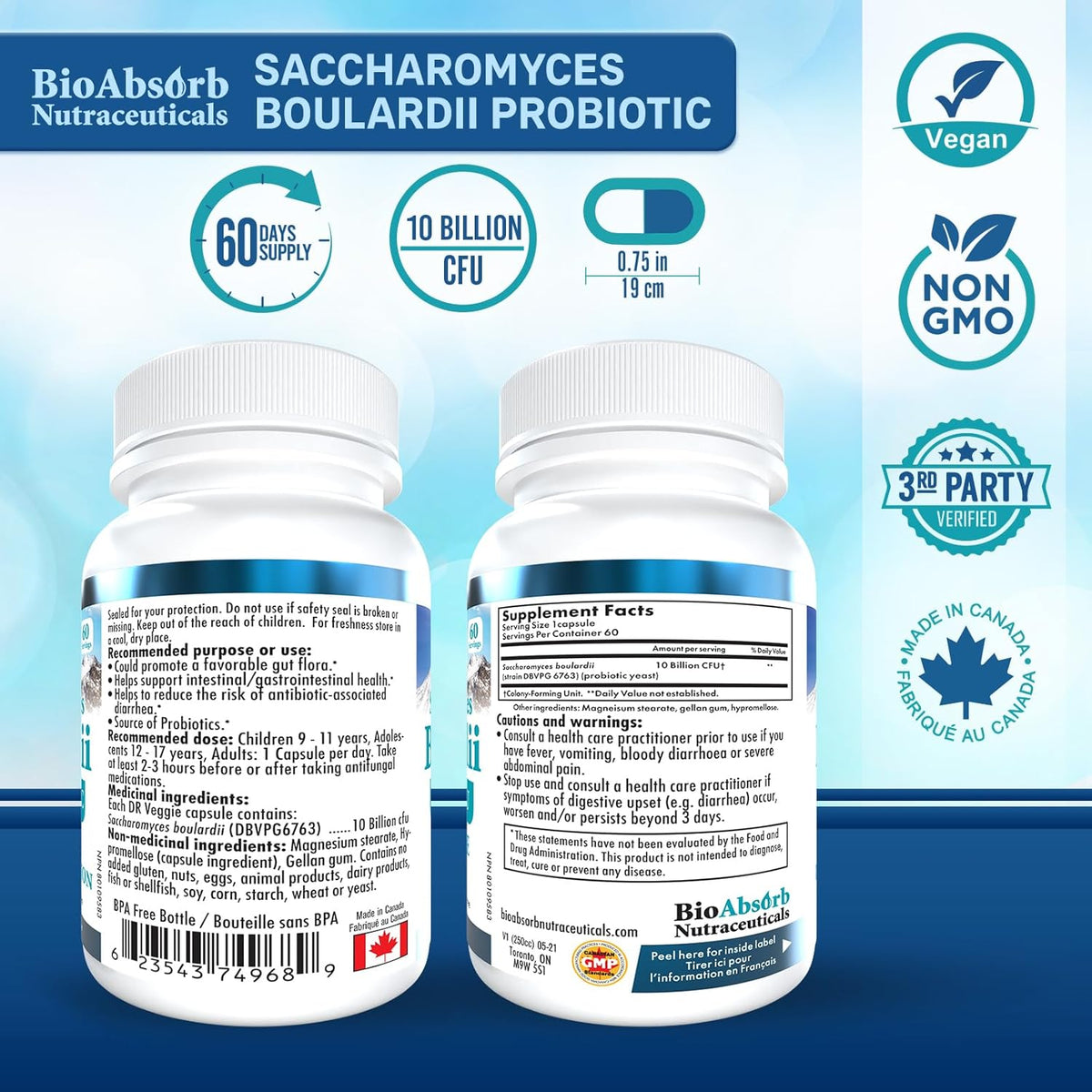 Bio Absorb Saccharomyces Boulardii Probiotic - 10 Billion CFU, 60 Capsules (60-Day Supply) - görsel 2