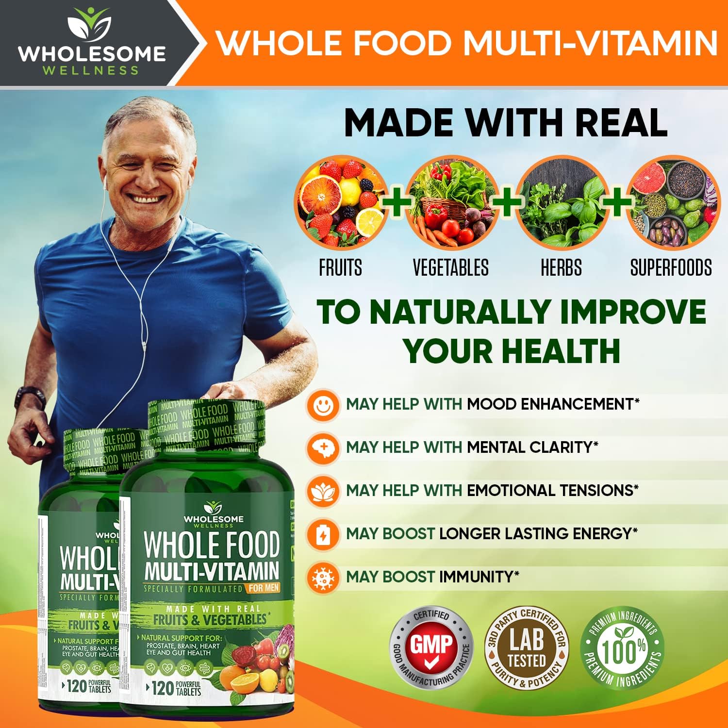 Wholesome Wellness Whole Food Multivitamin for Men - Natural Multi Vitamins, Minerals, Organic Extracts - Vegan - 120 Tablets - görsel 3
