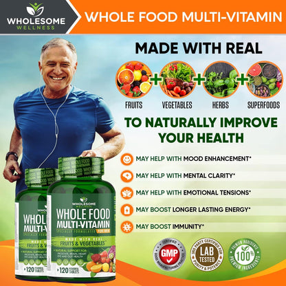 Wholesome Wellness Whole Food Multivitamin for Men - Natural Multi Vitamins, Minerals, Organic Extracts - Vegan - 120 Tablets
