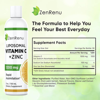 Liposomal Vitamin C and Zinc Liquid Drink for Adults & Children - Non-GMO Sunflower Lecithin - Maximum Antioxidant & Immune Support, 150 ml
