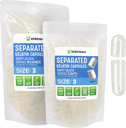 XPRS Nutra Gelatine Size 3 Separated Capsules - 500 Count - Clear Empty Capsules for DIY Supplement Filling