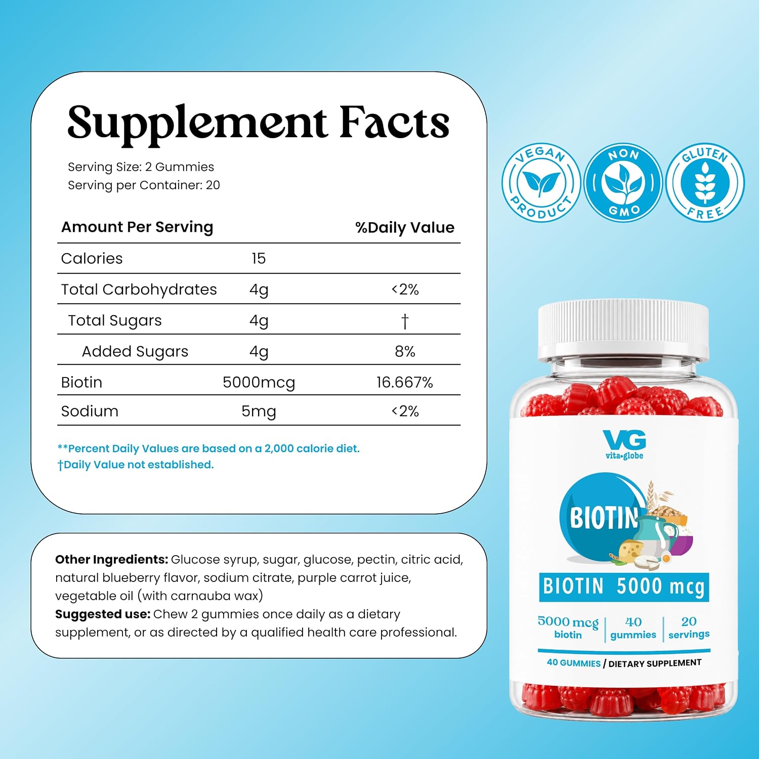 VITA GLOBE Biotin Gummies 5,000 mcg – Extra Strength Hair, Skin & Nails Support – Mixed Berry – Vegan, Non-GMO – 40 Count - görsel 2