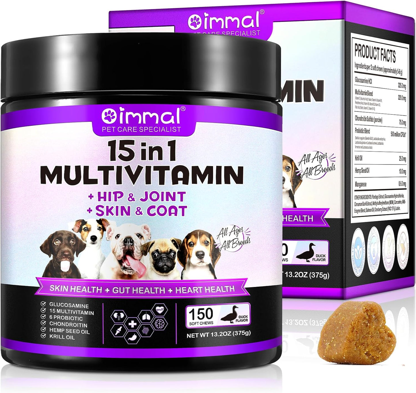 FUKEVY 15-in-1 Dog Multivitamin Soft Chews – Glucosamine, Probiotics & Joint Support (150 count) - görsel 1