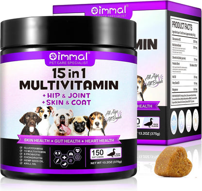 FUKEVY 15-in-1 Dog Multivitamin Soft Chews – Glucosamine, Probiotics & Joint Support (150 count)