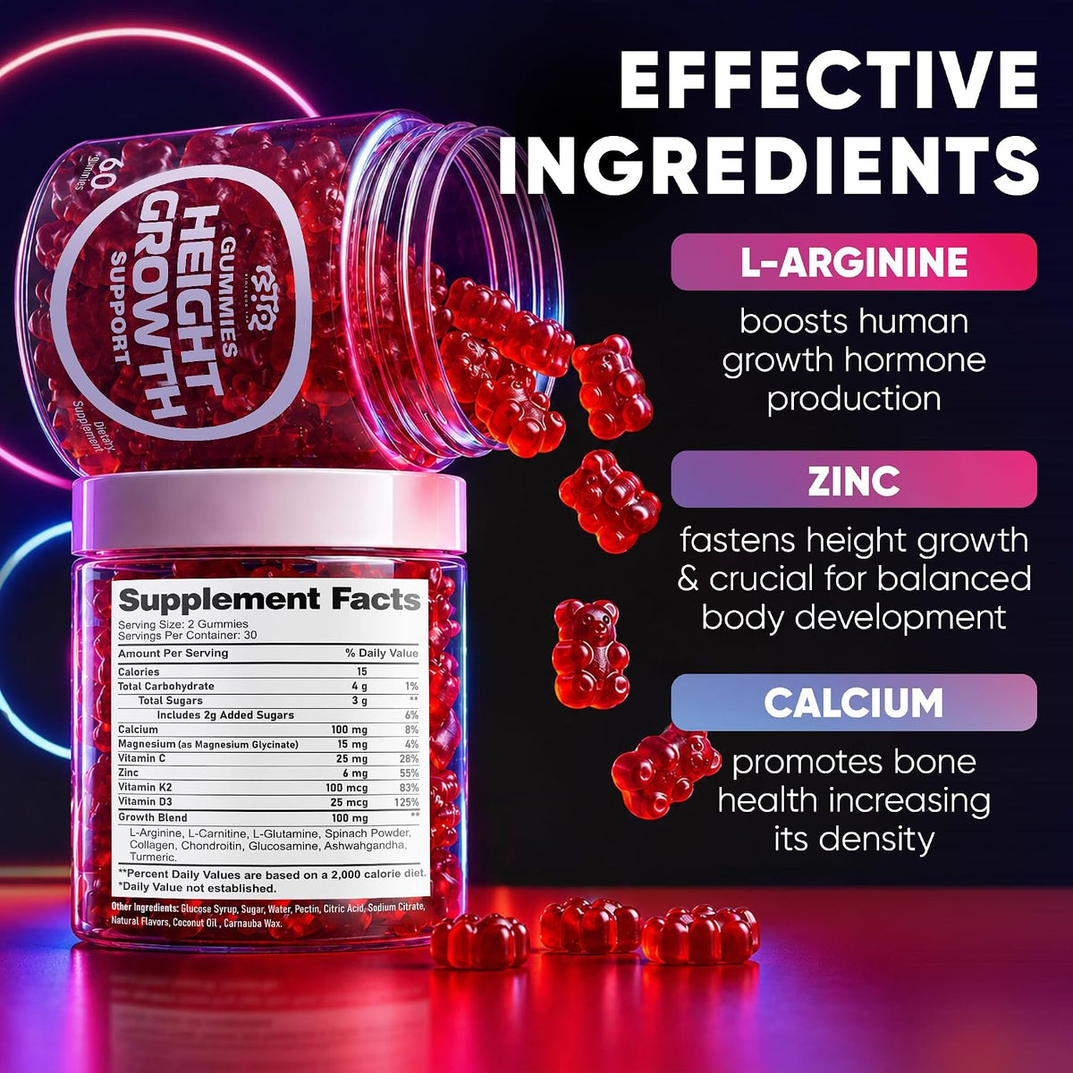 BIOTEQUELAB Height Growth Increase Gummies - Calcium, Magnesium, Zinc, Ashwagandha, Glucosamine Multivitamin for Teens, Kids, Adults - görsel 4