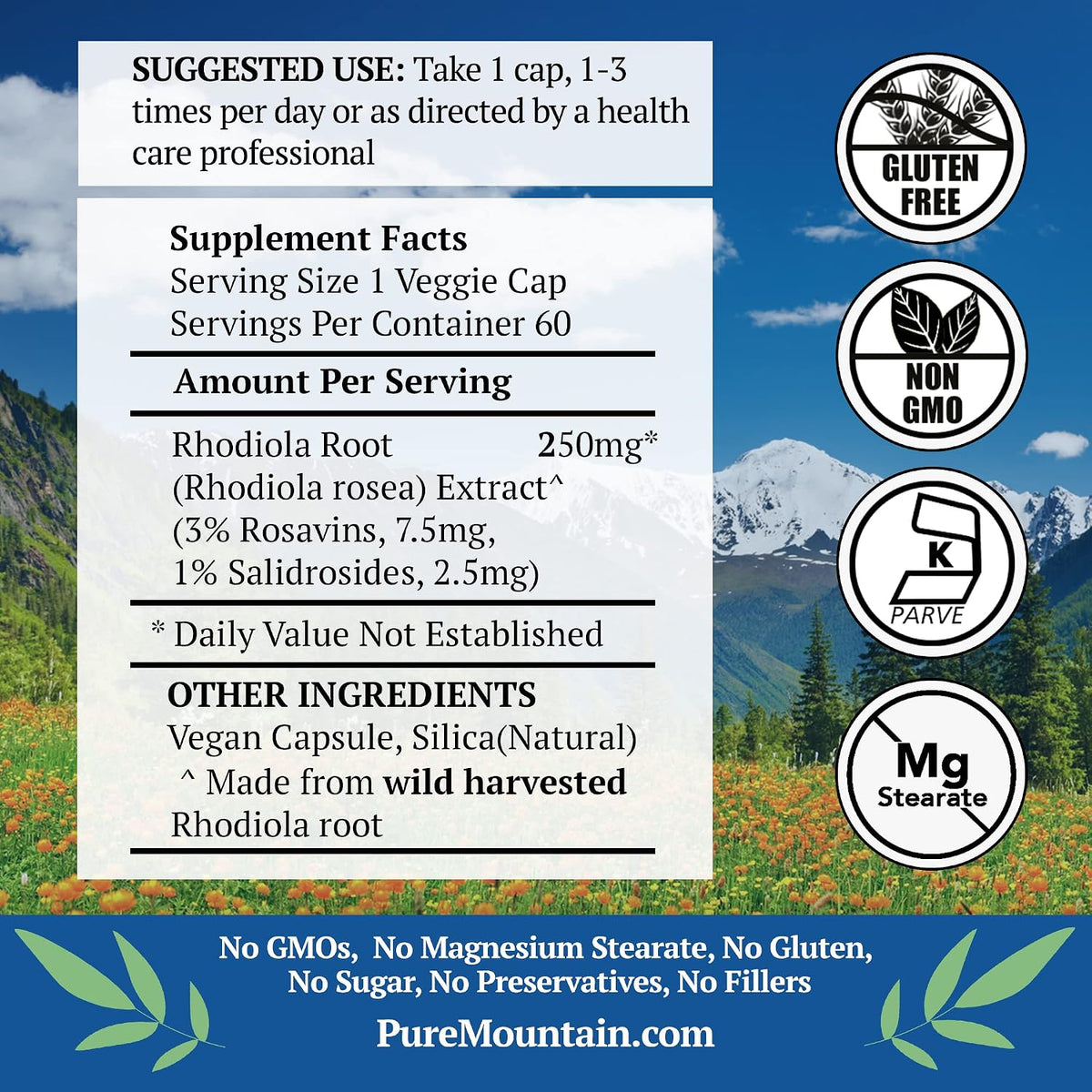 Pure Mountain Botanicals Rhodiola Rosea Supplement - 60 Capsules, 250mg - Standardised 3% Rosavins & 1% Salidroside - Vegan, – Image 2