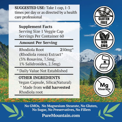 Pure Mountain Botanicals Rhodiola Rosea Supplement - 60 Capsules, 250mg - Standardised 3% Rosavins & 1% Salidroside - Vegan, – Image 2